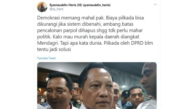 Solusi peneliti LIPI untuk polemik pilkada langsung yang habiskan biaya tinggi (twitter @sy_haris)