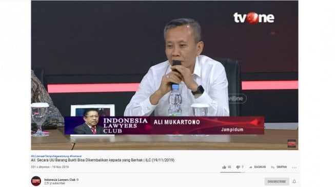 Jampidum Kejaksaan Agung Ali Murkartono di acara ILC TV One bertema "Jemaah Tertipu, Negara Untung", Selasa (19/11/2019). (Screenshot Youtube Indonesia Lawyers Club)