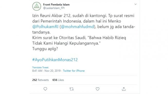 FPI Mmngaku sudah mendapatkan izin Aksi 212 (twitter @LaskarIslam_FPI)