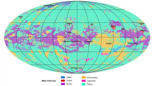 Peta geologi Titan, Bulan terbesar milik Planet Saturnus [NASA/JPL-Caltech/ASU].