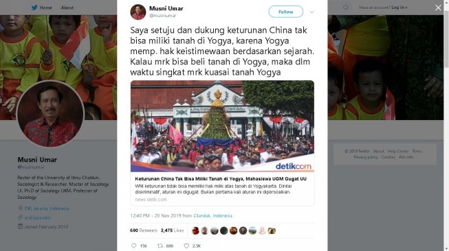 Cuitan Rektor UIC Musni Umar - (Twitter/@musniumar)