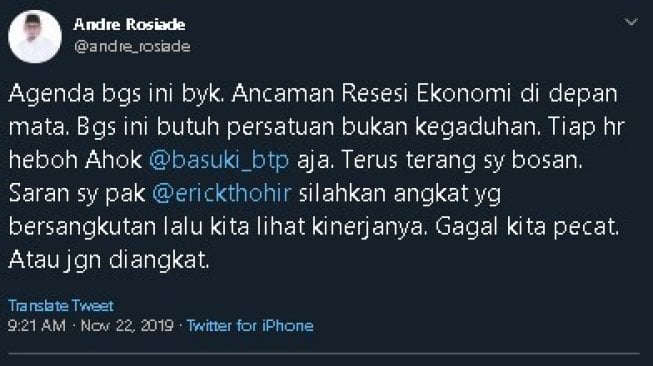 Cuitan Andre Rosiade soal Ahok bakal jadi bos BUMN. (Twitter/@andre_rosiade)