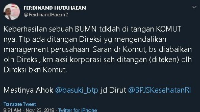 Cuitan Ferdinand Hutahaean soal Ahok. (Twitter/@FerdinandHaean2)