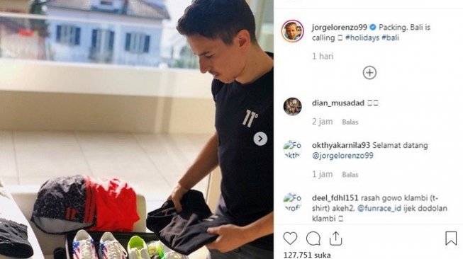 Jorge Lorenzo bersiap liburan ke Bali, Kamis (21/11/2019). [Instagram/jorgelorenzo99]