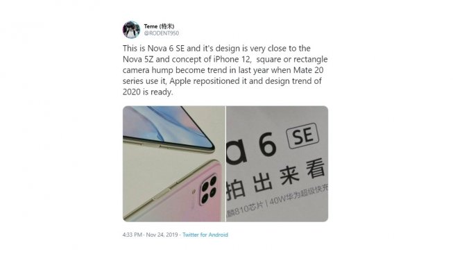 Huawei Nova 6 SE. [Twitter]