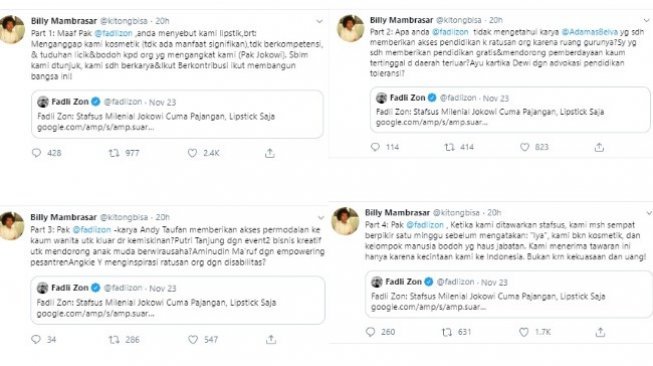 Staf khusus (stafsus) presiden Jokowi, Billy Mambrasar membantah sindiran Fadli Zon (twitter @kitongbisa)