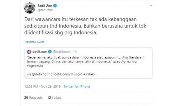 Fadli Zon mengomentari pernyataan Agnez Mo (twitter @fadlizon)