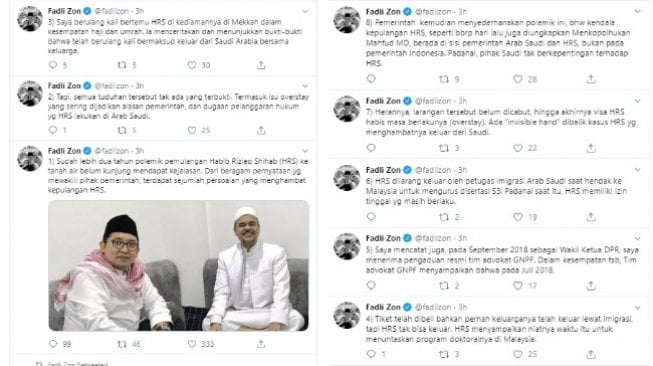 Fadli Zon sebut ada invisible hand soal pencekalan Rizieq (twitter @fadlizon)