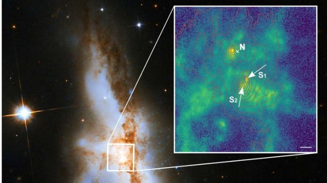 Galaksi tiga lubang hitam supermasif [IFL - Science: (STScI/AURA)-ESA/Hubble Collaboration, and A. Evans (University of Virginia, Charlottesville/NRAO/Stony Brook University)].