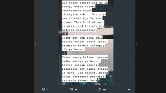 Wanita curhat mengalami sakit leher karena bekerja di depan laptop (Twitter/@ame_rrrrr)