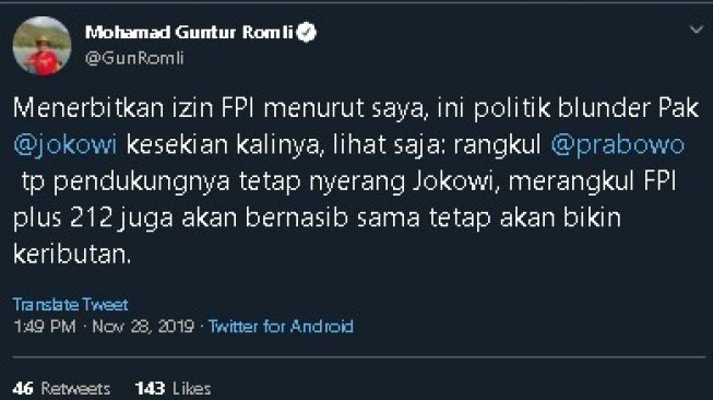 Cuitan Guntur Romli soal perpanjangan izin FPI. (Twitter/@GunRomli)