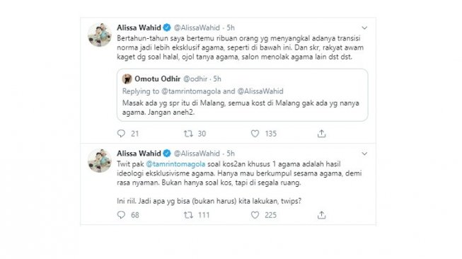 Alissa Wahid menanggapi cerita mahasiswi ditolak pemilik kos karena alasan beda agama (twitter @AlissaWahid)