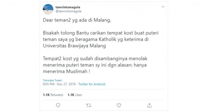 Mahasiswi ditolak pemilik kos karena alasan beda agama (twitter @tamrintomagola)