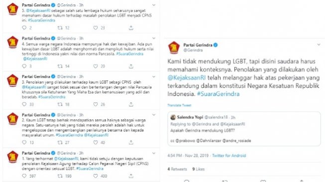 Gerindra mengkritik Kejaksaan Agung yang tolak CPNS dengan LGBT (twitter @Gerindra)