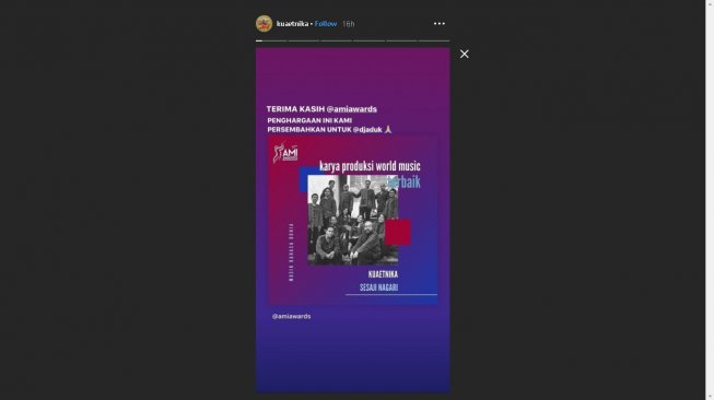Kuaetnika persembahkan penghargaan AMI Awards 2019 untuk alm Djaduk Ferianto - (Instagram/@kuaetnika)