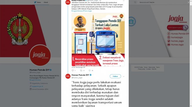 Respons Pemda DIY soal tabrakan maut Trans Jogja - (Twitter/@humas_jogja)