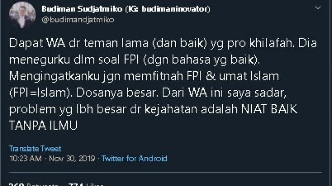 Cuitan Budiman Sudjatmiko. (Twitter/@budimandjatmiko)