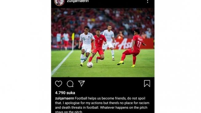 Unggahan ancaman pembunuhan oleh pemain Timnas Singapura U-22. (Bidik layar Instagram)