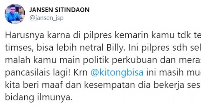 Jansen Sitindaon angkat bicara soal pernyataan Billy Mambrasar (Twitter/jansen_jsp)