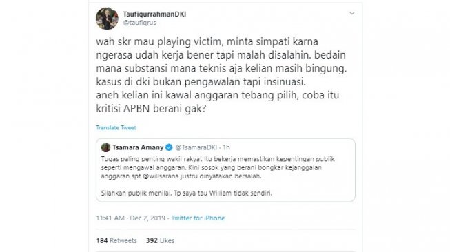 Taufiqurrahman mengomentari pembelaan Tsamara Amany terhadap William (twitter @taufiqrus)