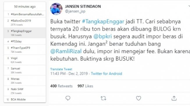 Kicauan Jansen Sitindaon dengan tagar #TangkapEnggar (twitter @jansen_jsp dan trends24.in)