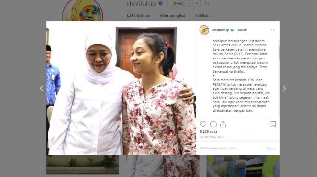 Pernyataan Khofifah terkait pemulangan atlet senam Shalfa Avrila Siani (instagram/@khofifah.ip)