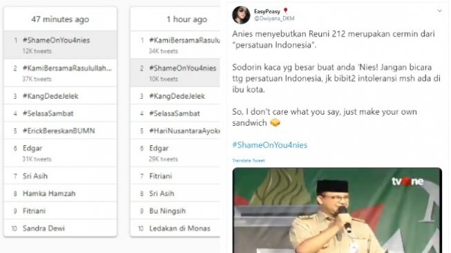 Tagar #ShameOnYou4nies menggema (twitter @Dwiyana_DKM dan trends24.in)