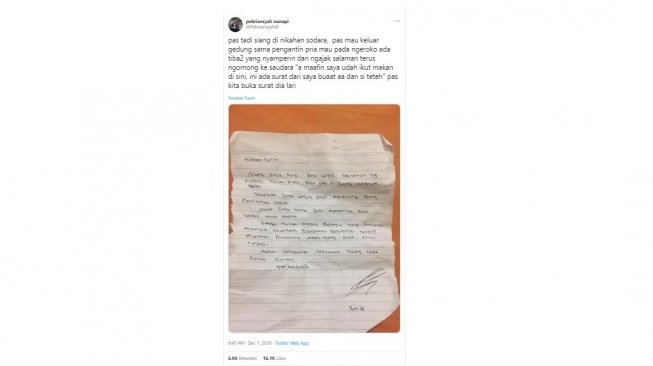 Surat korban PHK yang mendatangi resepsi pernikahan. [Twitter]