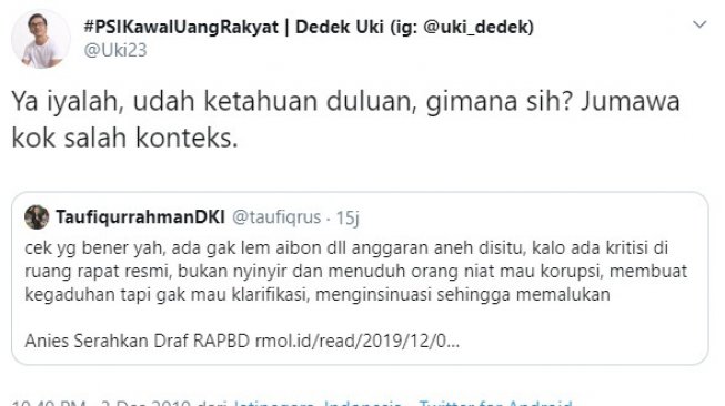 Twitwar PSI dan Demokrat soal anggaran lem aibon hilang di RAPBD DKI 2020 (Twitter)