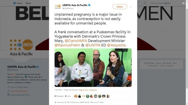 Putri Mahkota Denmark Mary berkunjung ke DI Yogyakarta, Rabu (4/12/2019) - (Twitter/@UNFPAasia)