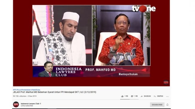 Ketua Umum DPP FPI Ahmad Sobri Lubis dan Menkopolhukam Mahfud MD (Screenshot Youtube Indonesia Lawyers Club)