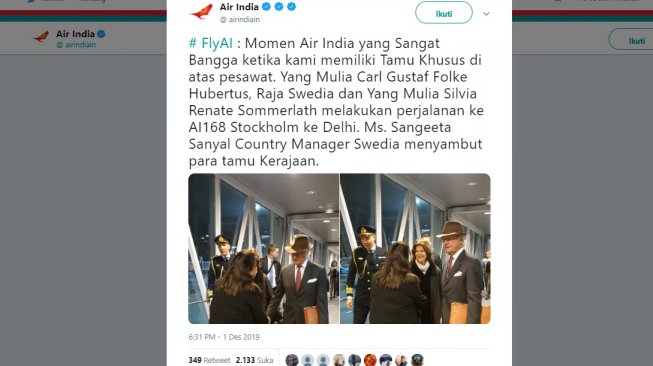 Raja Swedia bawa tas sendiri di bandara. (Twitter/@airindiain)