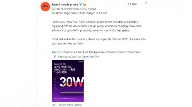 Bocoran fitur fast charging Redmi K30. [Weibo]