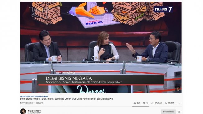 Erick Thohir, Najwa Shihab, dan Sandiaga Uno (Screenshot YouTube Najwa Shihab)