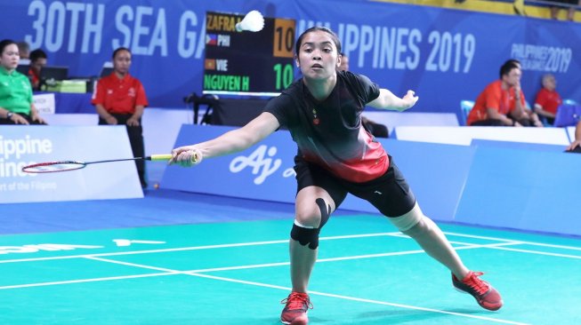 Pebulutangkis tunggal putri Indonesia, Gregoria Mariska Tunjung, meraih tiket babak perempat final SEA Games 2019 usai mengalahkan Vu Thi Trang (Vietnam), Kamis (5/12). [Humas PBSI]