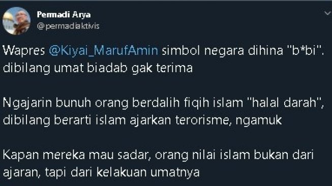 Cuitan Abu Janda soal penghina Wapres Ma'ruf Amin. (Twitter/@permadiaktivis)