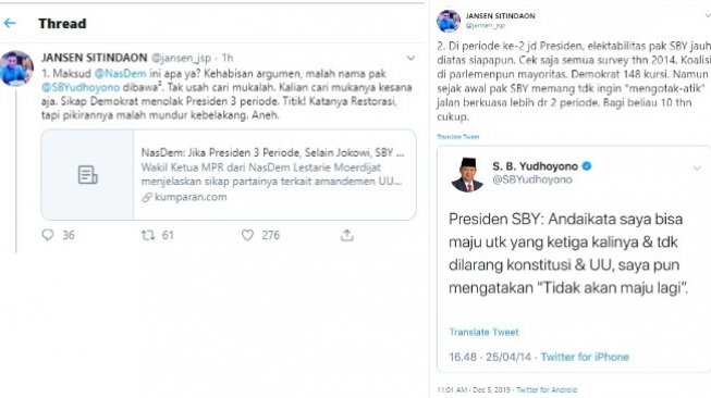 Jansen Sitindaon pertanyakan pernyataan NasDem soal presiden 3 periode (twitter @jansen_jsp)