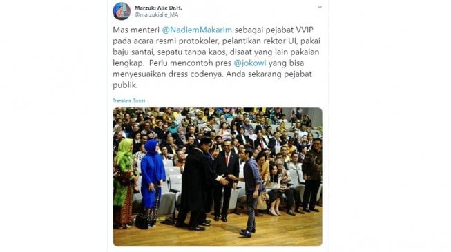 Marzuki Alie mengkritik penampilan Nadiem Makarim (twitter @marzukialie_MA)