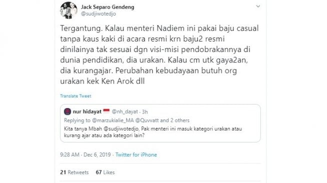 Sudjiwo Tedjo menanggapi penampilan Nadiem Makarim yang dianggap santai (twitter @sudjiwotedjo)