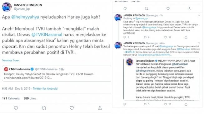 Jansen Sitindaon menanggapi pemecatan Helmy Yahya sebagai Direktur Utama TVRI (twitter/@jansen_jsp)