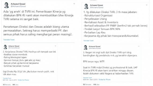 Anggota III BPK Achsanul Qosasi soal pemecatan Dirut TVRI Helmy Yahya (twitter @AchsanulQosasi)