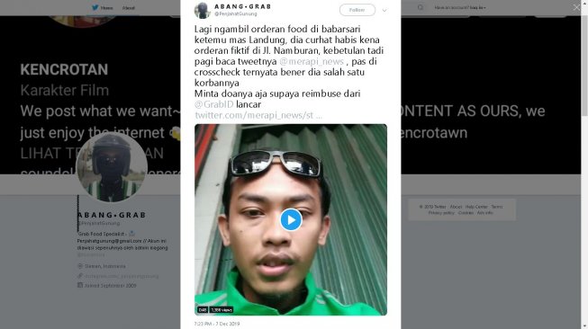 Driver ojol korban order fiktif di Jogja - (Twitter/@PenjahatGunung)