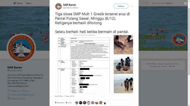 Bocah terseret ombak di Pantai Pulang Sawal Gunungkidul, Minggu (8/12/2019) -(Twitter/@SARSATLINMAS)