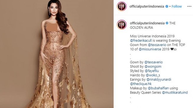 Gaun Frederika Cull di panggung Miss Universe 2019. (Instagram/@officialputeriindonesia)