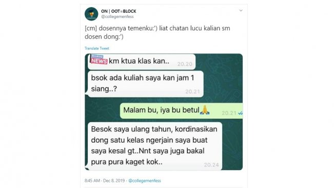 Tangkapan layar chat antara dosen dan mahasiswanya yang unik. [Twitter]