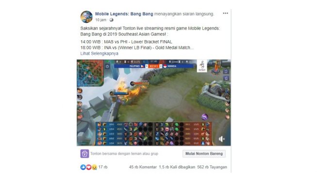 Final Sea Games 2019 e-Sport. [Facebook/Mobile Legends Bang Bang]