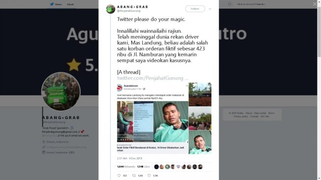 Driver ojol korban order fiktif di Jogja dikabarkan meninggal, Selasa (9/12/2019). - (Twitter/@PenjahatGunung)