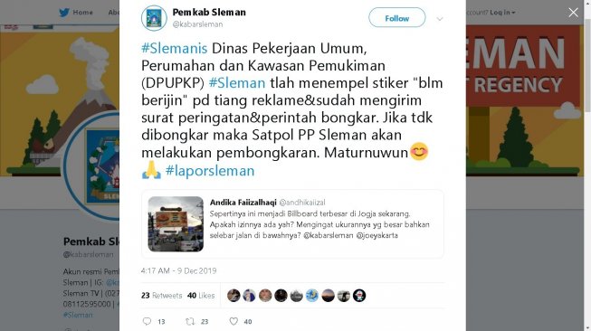 Pemkab Sleman respons baliho yang dikeluhkan warganet, Senin (9/12/2019) - (Twitter/@kabarsleman)