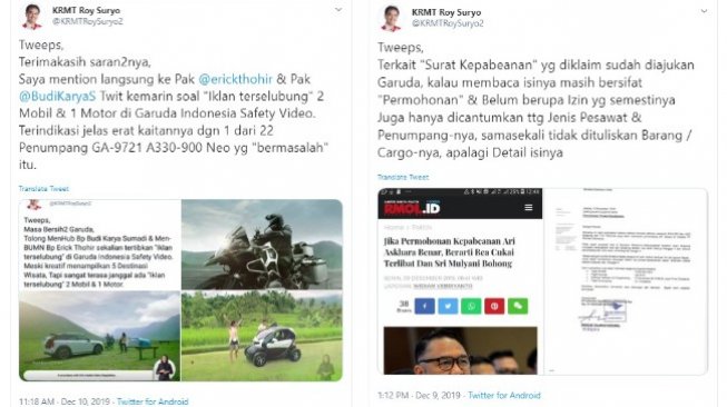 Roy Suryo bongkar kejanggalan di video Garuda dan Surat Kepabeanan (twitter @KRMTRoySuryo2)