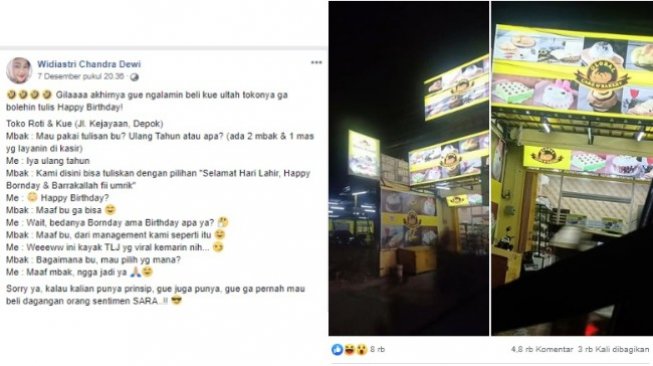 Viral Toko Kue di Depok Menolak Tulis Happy Birthday untuk ucapan kue (Facebook Widiastri Chandra Dewi)
